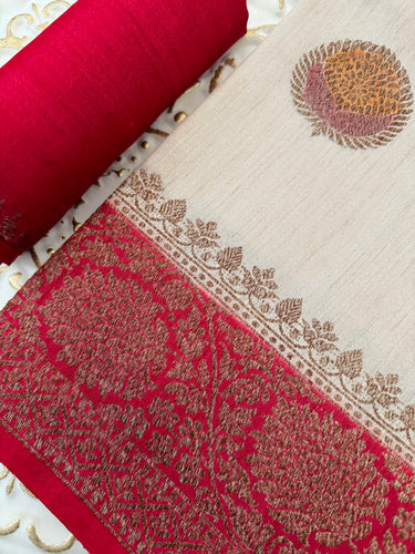 Lightweight Tussar Silk Saree | Antique Zari | Beige | Hand Brushed | Handwoven | Ships from California